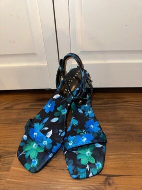 Blue Floral Ankle-Strap Women's Kitten Heels